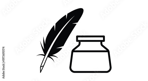 A black feather rests beside an inkwell depicted in simple silhouette