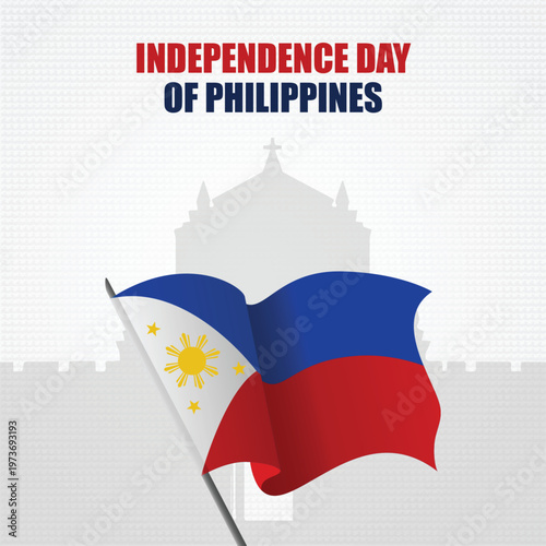 Philippines Independence Day vector illustration, waving national flag of Philippines, Filipino holiday celebration poster with church silhouette
