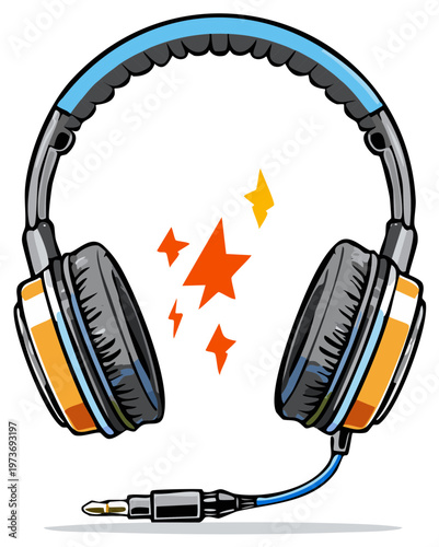 Vibrant cartoon over ear headphones with sound burst stars and audio jack illustration