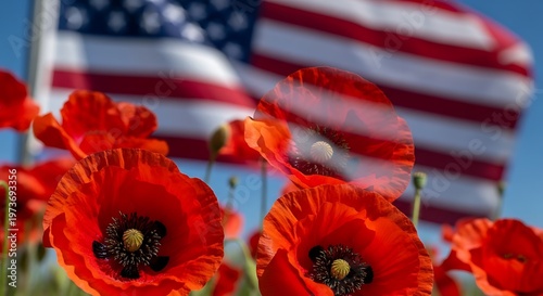 Memorial day in usa vibrant red poppies with american flag background remembrance and honor