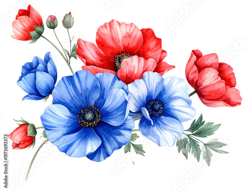 Vibrant red and blue flowers with green leaves, a delicate floral arrangement