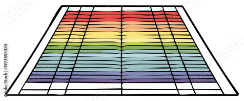 Grid with rainbow colored stripes stretching into perspective vanishing point