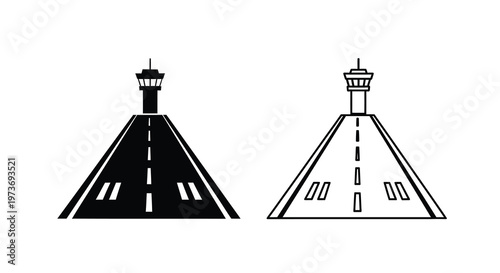 Airport control tower and runway depictions in contrasting black and white silhouette