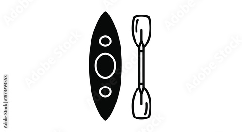 Black and white graphic of a kayak and paddle simple silhouette