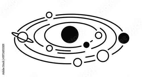 A minimalist depiction of a solar system with planets and orbits silhouette