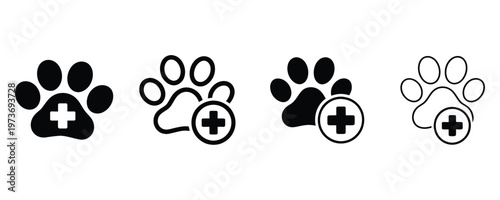 Four animal paw print icons with medical cross symbol for veterinary care and pet health