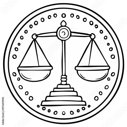 Black and white line drawing of a balanced justice scale symbol inside a circular border
