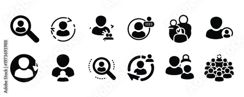 Black icons depicting various human interactions and search concepts on white background