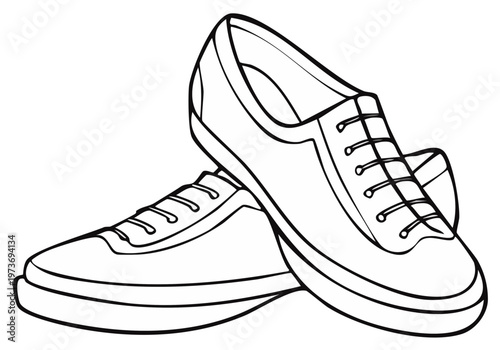 Pair of unbranded sneakers with laces outlined in black and white ready for coloring or design projects.