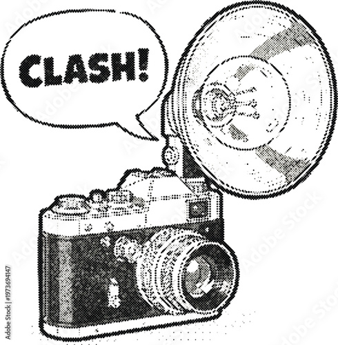 Camera flash halftone comic style vector sticker icon photography news clash isolated