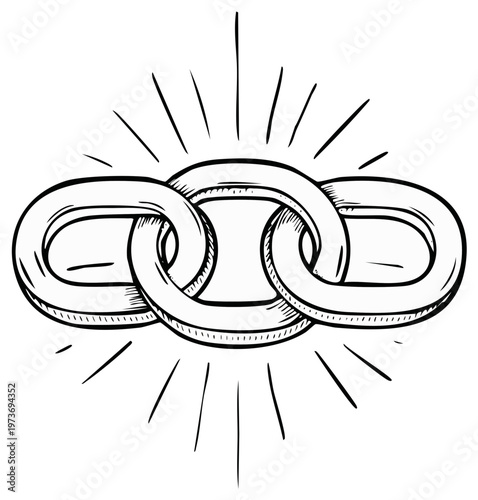 Chain links illustration, with stylized rays, on isolated background