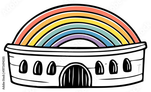 Biblical Ark structure with a vibrant rainbow arching over its deck a symbol of hope and new beginnings