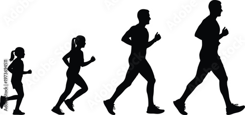 Running and Fitness Silhouettes Set Featuring Progressive Running Poses from Child to Adult for Physical Activity, Exercise, and Sports Designs