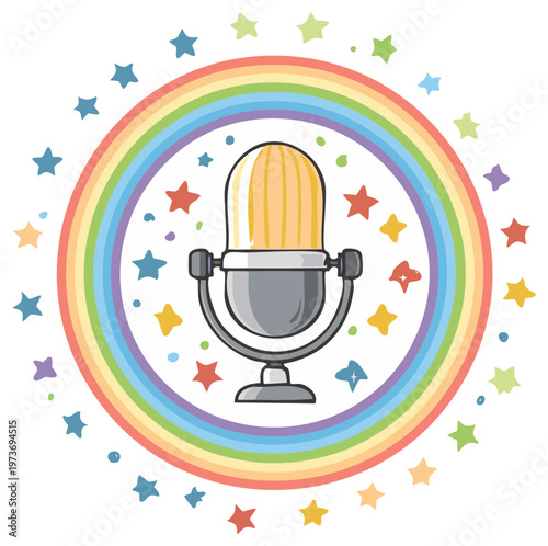 Vibrant retro microphone with colorful rainbow frame and star accents, cheerful radio broadcast station icon concept