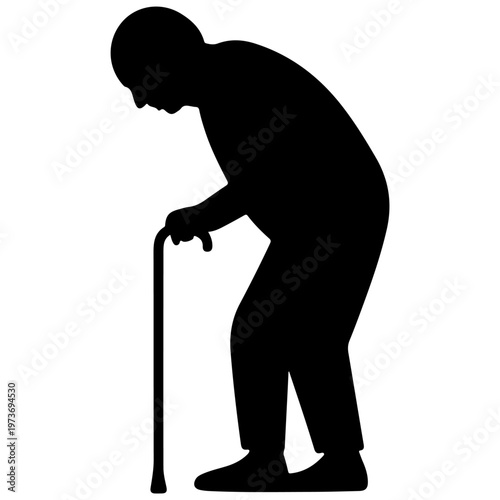 An elderly person using a cane for support while walking.