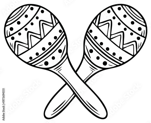 Black and white outline of two maracas musical instrument illustration