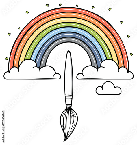 Artistic Rainbow with Clouds and Paintbrush Illustration