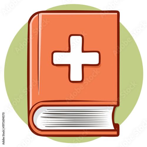 Orange book with white cross for medical information or health concepts with green background