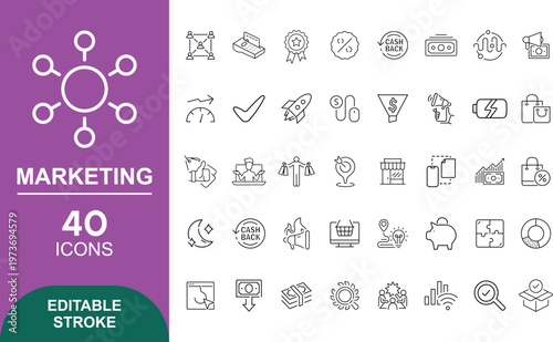 Digital marketing line icons for web and mobile. SEO, analytics, e-commerce, and social media. Editable, clean, scalable vector set.