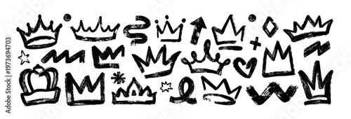 A collection of hand-drawn crown icons and symbols in black ink on a white background for royalty and luxury designs