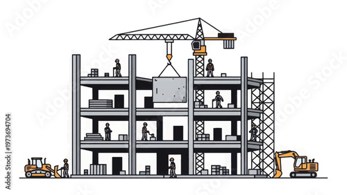 Construction Site Illustration: Workers and Tower Crane Building a Multi-Story Concrete Frame Structure. Commercial Real Estate Development and Engineering Concept.