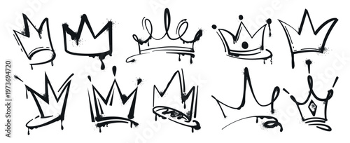 A set of hand-drawn crown icons in black ink on a white background for royalty and luxury design projects