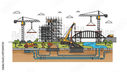 Construction Site Cross Section: Infrastructure Development Diagram with Building, Bridge, Cranes, Underground Pipes, and Utilities