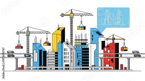 City Construction and Urban Development Illustration. Skyscraper Building Site with Tower Cranes, Elevated Infrastructure, and Architectural Plan.