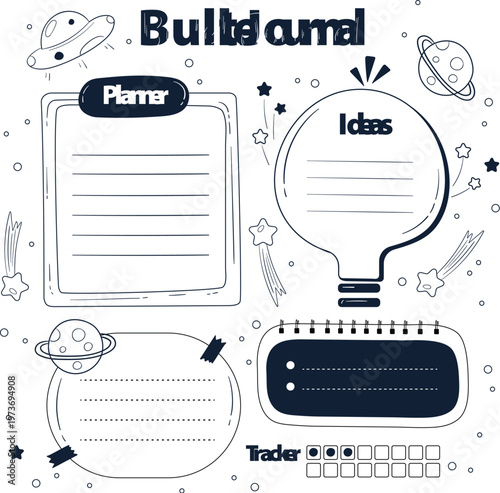 A black and white illustration of a bullet journal with a space theme, featuring a planner, ideas page, tracker, and various celestial elements.