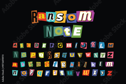 A colorful ransom note with alphabet letters on a black background