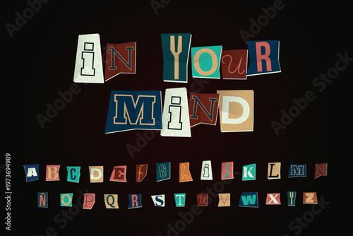 A creative typographic illustration of the phrase 'In Your Mind' with colorful cut-out letters and alphabet sequence