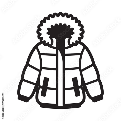 A simple black and white line drawing of a winter parka with a fur hood