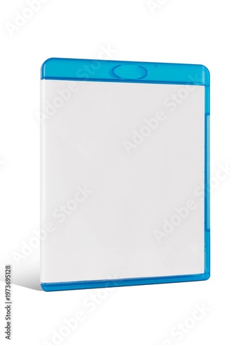 Closed blue Blu-ray case with a blank white cover isolated on white background. Professional 3/4 perspective mockup for movie posters, game covers, and home video branding. Empty plastic media box.