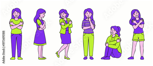 Self Love Concept Woman Hugging Herself Set, Happy Diverse Female Characters Showing Kindness and Positive Mental Health Body Language in Modern Flat Vector Style Illustration Isolated on White Backgr