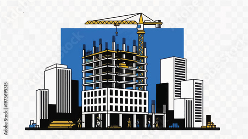 Hand-Drawn City Construction Site Illustration. Urban Skyscraper Development with Crane and Rebar Structure. Architecture and Real Estate Growth.