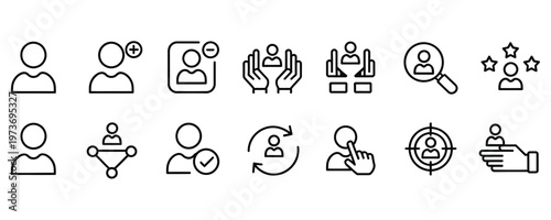 Black and white line icons depicting various human interactions and targeting concepts