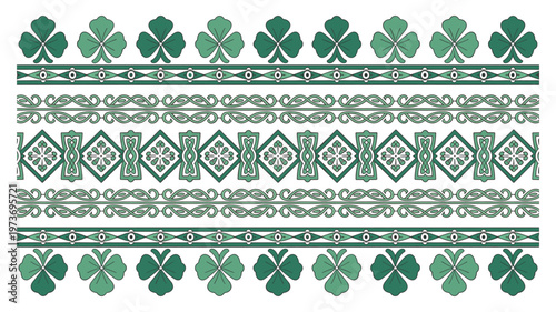 Green shamrock and celtic knot borders with geometric patterns keywords clover leaf plant