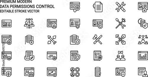 Premium modern data permissions control line icon set featuring access management security authentication privacy protection and system administration