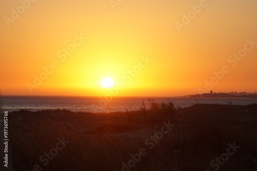 Obraz na plátně Warm golden sunset over a calm sea with distant shoreline silhouettes and soft grasses in the foreground, creating a serene, peaceful and relaxing coastal atmosphere