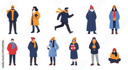 Set of diverse people wearing various winter fashion clothes including coats and scarves for cold weather seasons.
