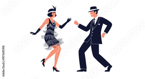 Elegant couple dressed in vintage nineteen twenties style attire dancing and having a great time at a retro party.