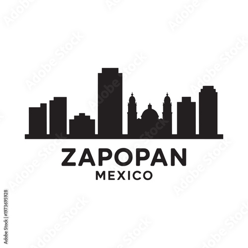 A black silhouette of the zapopan mexico skyline with city name below