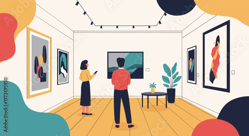 Visitors exploring an art gallery and admiring abstract colorful paintings displayed on white walls in a modern museum.