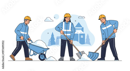 Group of municipal workers in blue uniforms and yellow hard hats clearing snow from a street using shovels and a cart.