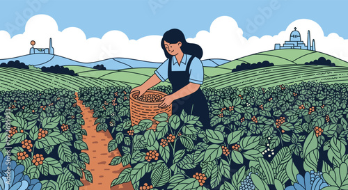 Smiling woman harvests ripe coffee berries into a basket while working in a lush plantation field under a bright sky.