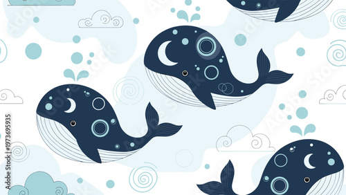 Whimsical seamless pattern for children featuring dark blue whales decorated with moons and stars swimming through a cloudy, bubbly ocean.