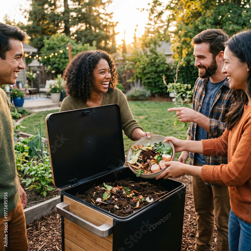 Group of Friends Composting Food Scraps in Backyard Garden