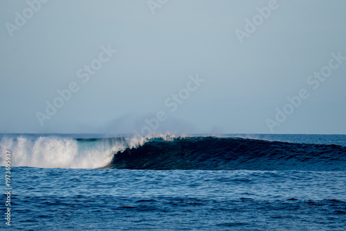 Powerful blue ocean swell rolling under a clear sky, with a curling wave crest and soft sea spray, conveying calm, natural energy and coastal serenity.