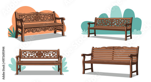 Selection of four classic wooden park benches with intricate ornate carvings and decorative details for garden use.