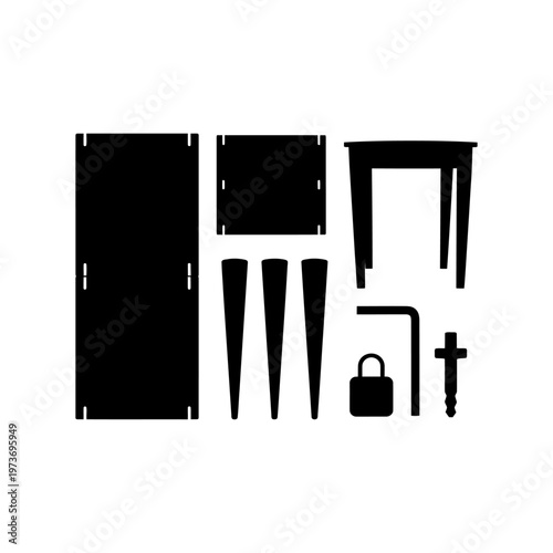 black silhouettes of flat pack furniture components assembly tools and hardware for diy home interior projects